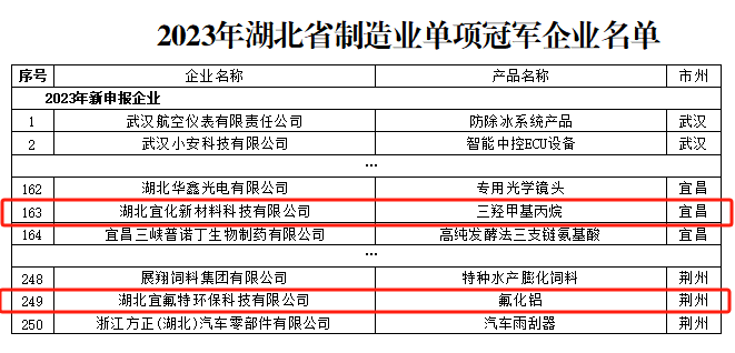 宜化新材料、宜氟特環(huán)保公司獲評2023年湖北省制造業(yè)單項冠軍企業(yè)(圖1)